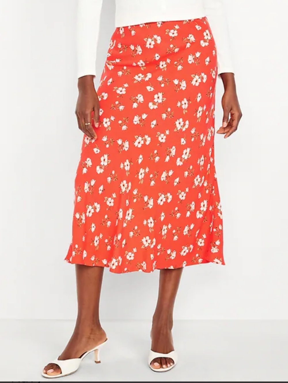 Old Navy Crepe A-Line Midi Skirt Orangish Red Floral Pull-On Sz 2XL Cottagecore